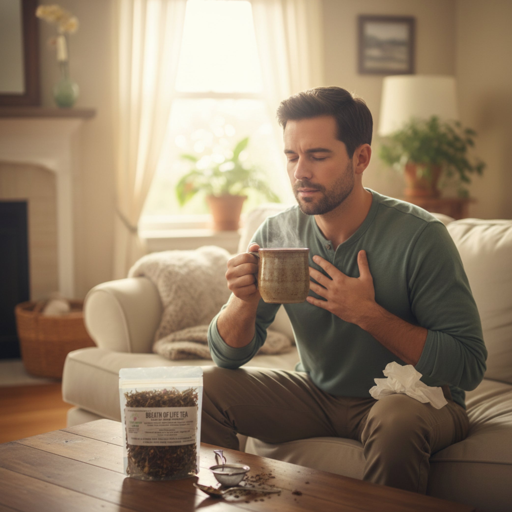 Packaged Breath of Life Tea with visible herbs and a label on a white background