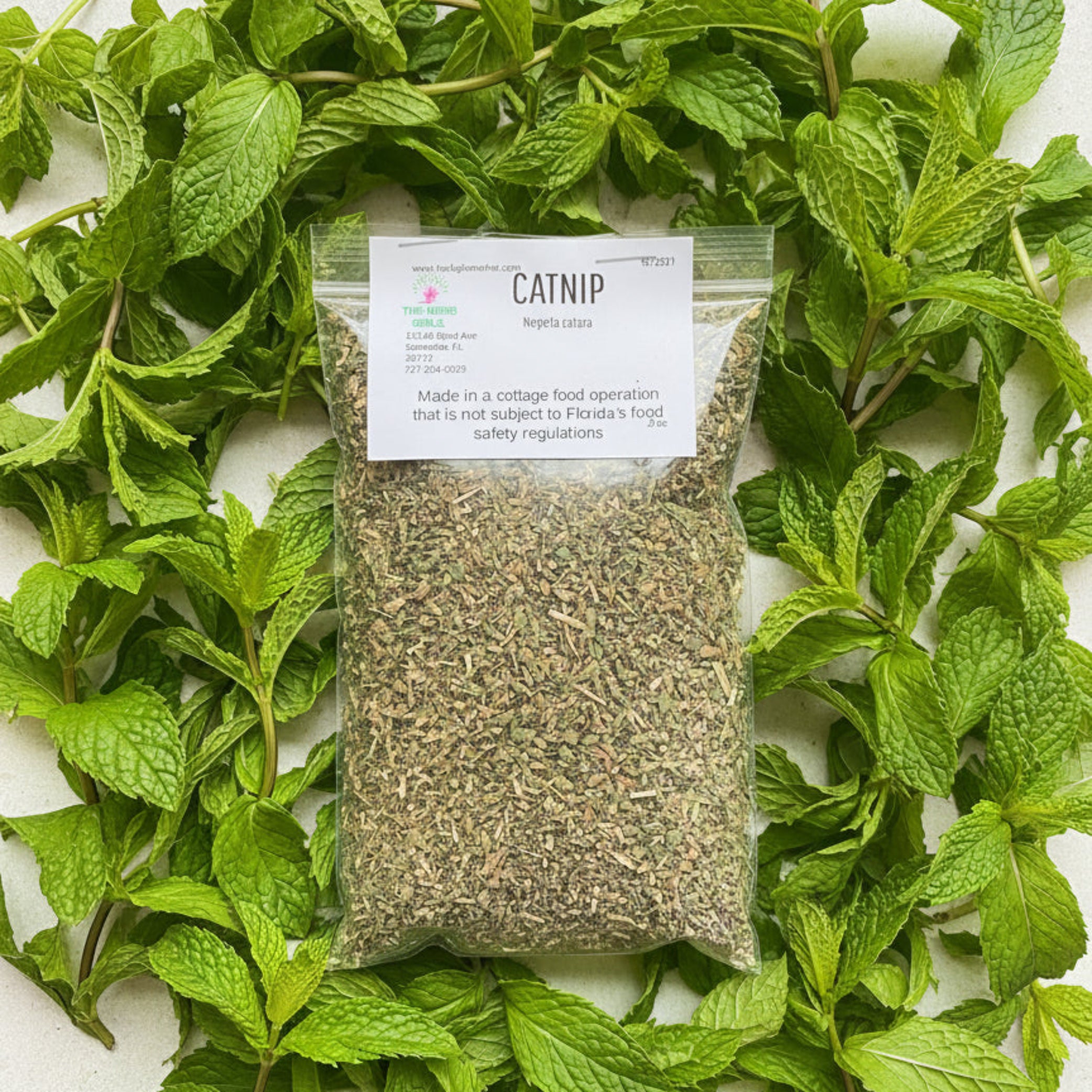 Package of catnip with a label on a white background