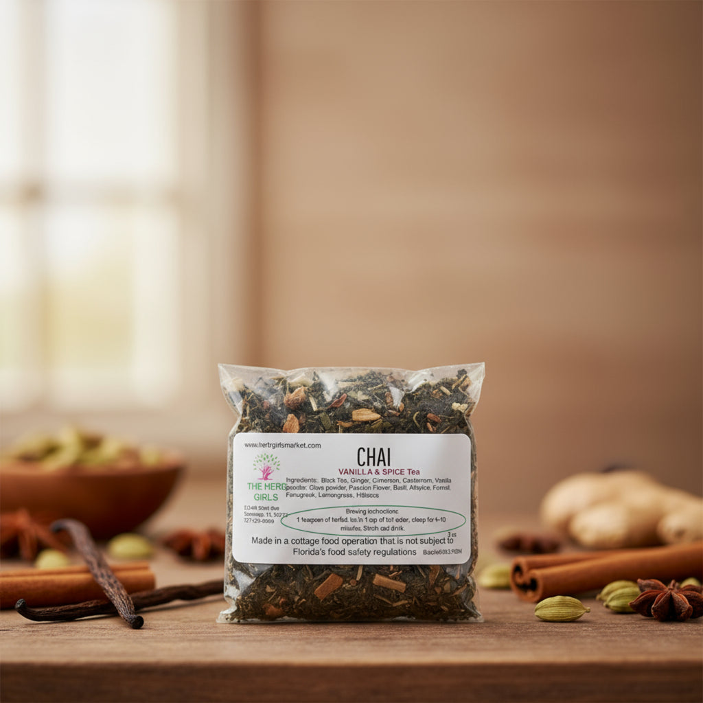 Packaged chai spice mix with a label on a table with spices background