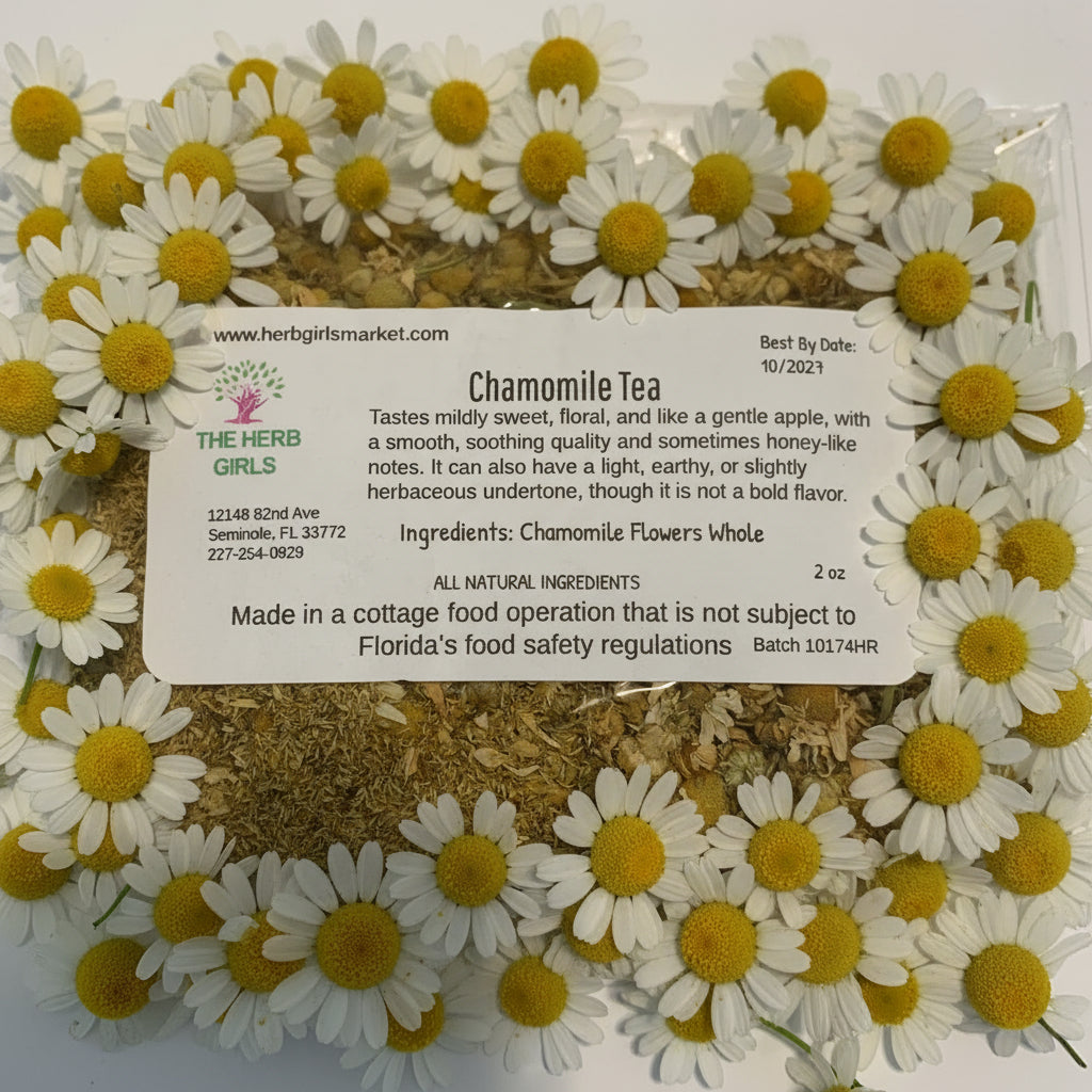 Packaged chamomile tea with a label on a white background