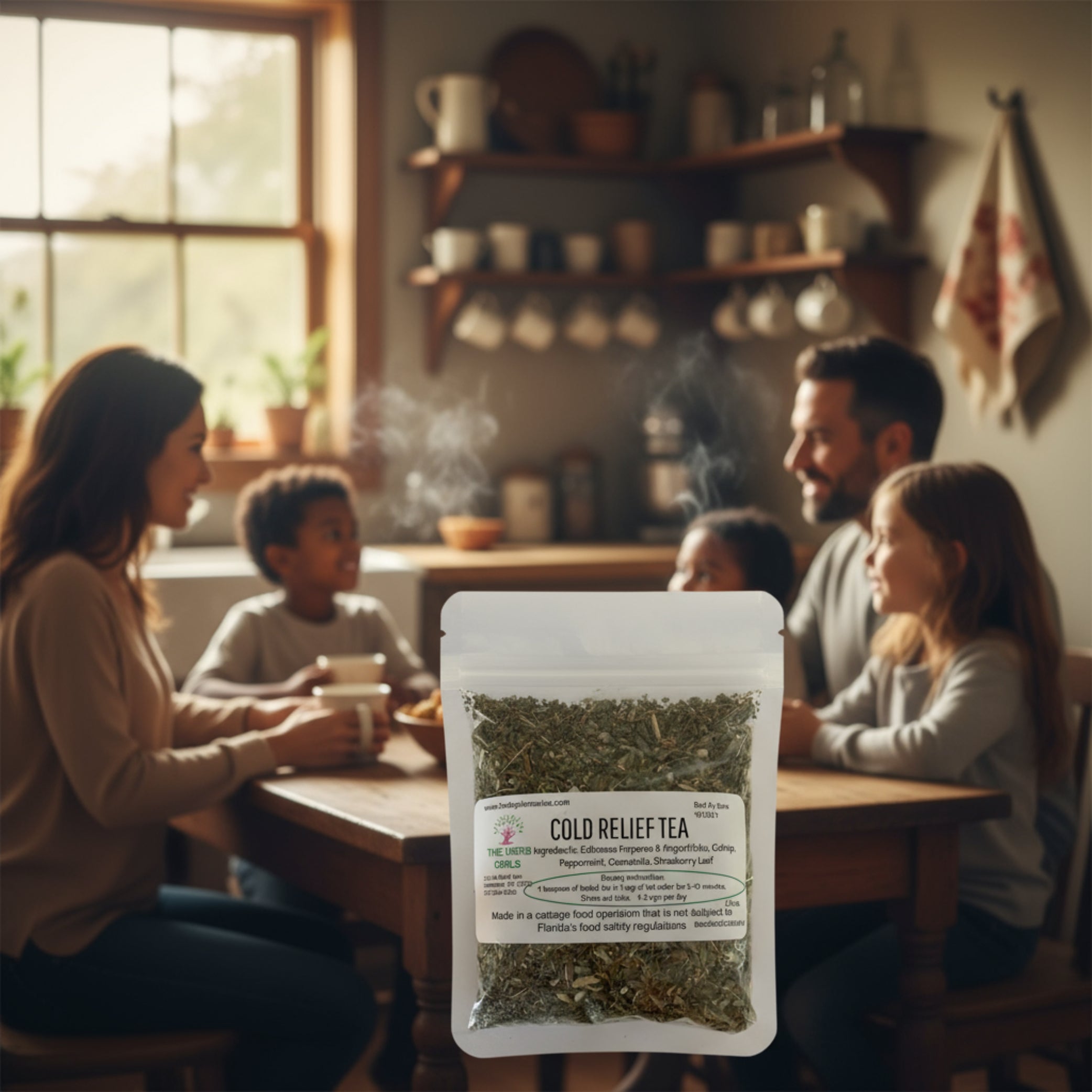 Bag of cold relief tea with a label on a white background