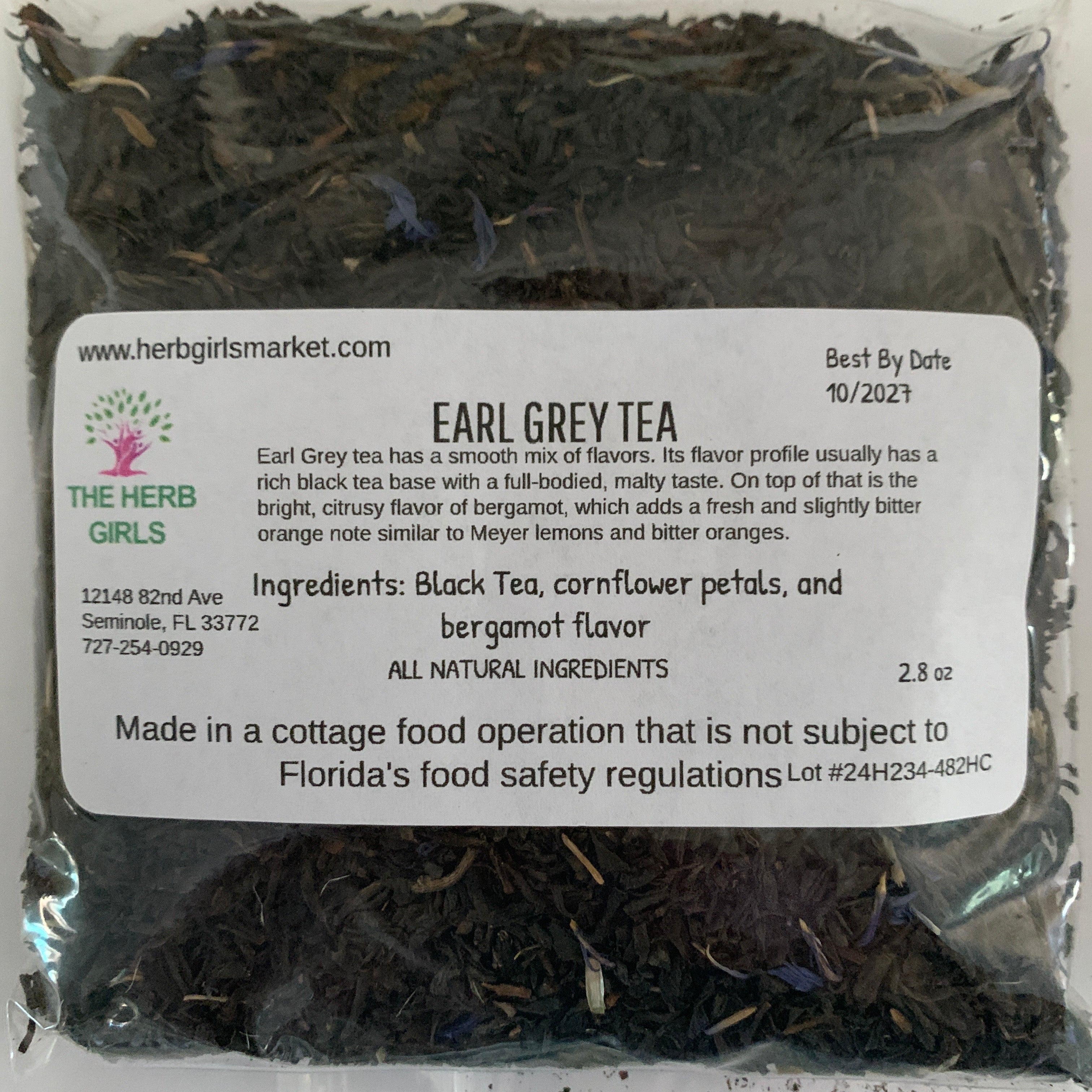 Package of Earl Grey tea with a label on a white background