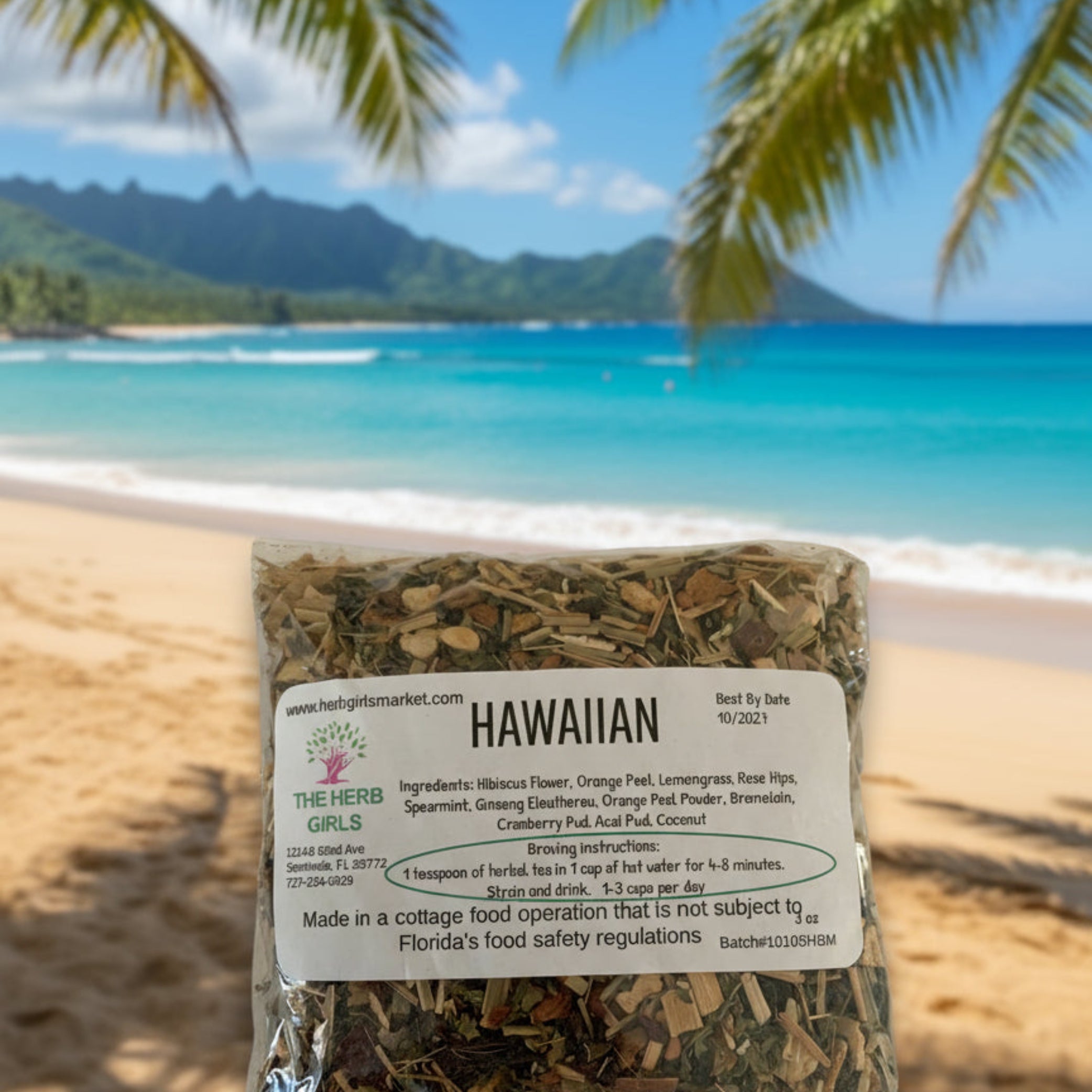 Packaged herbal mix labeled 'Hawaiian' with a visible brand label on a white background.