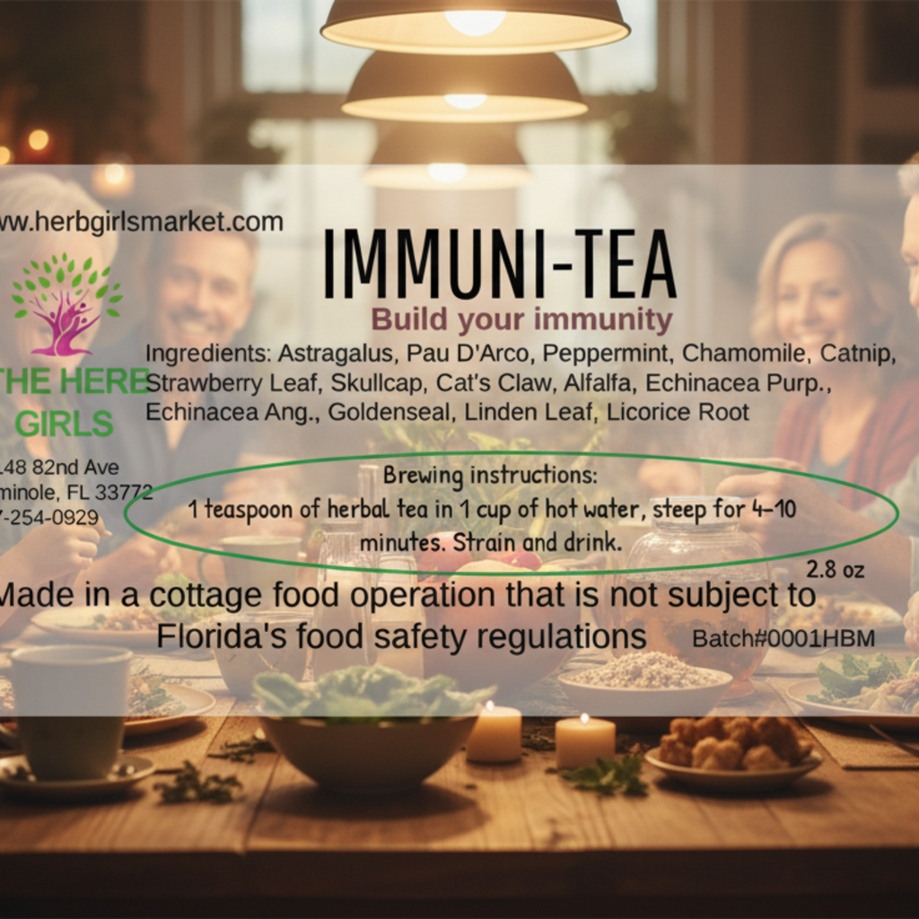 Advertisement for Immuni-Tea with brewing instructions and product details.