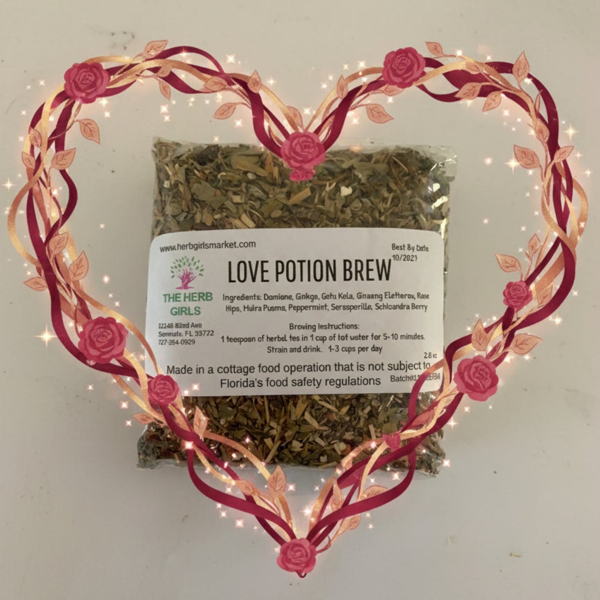 Packaged Love Potion Brew with a label on a white background