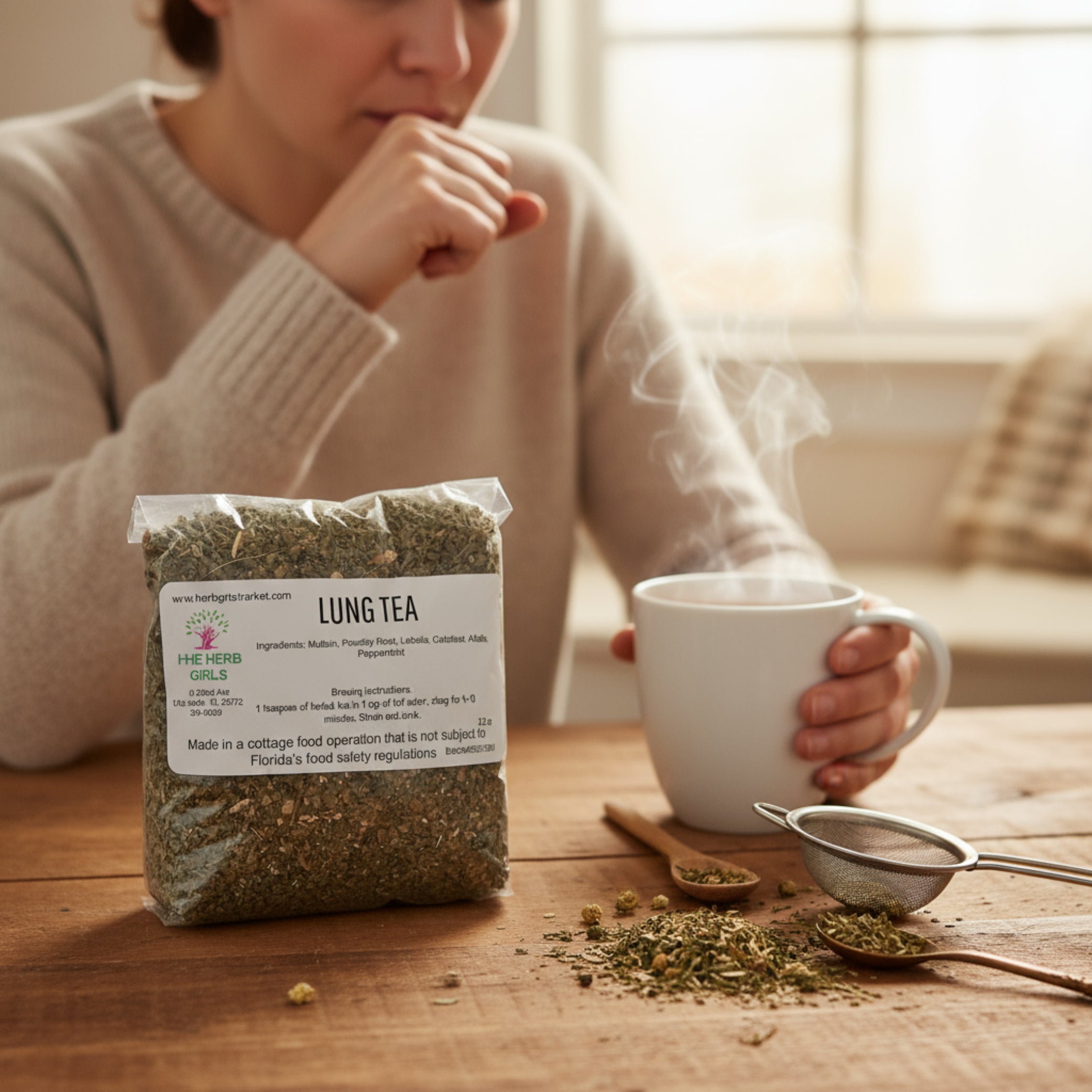 Herbal tea package labeled 'Lung Tea' with a white background